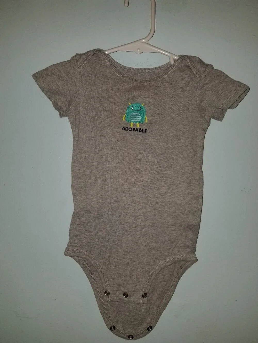 Carter's Gray Short Sleeve One Piece Bodysuit Onesie Green Monster Embroidery